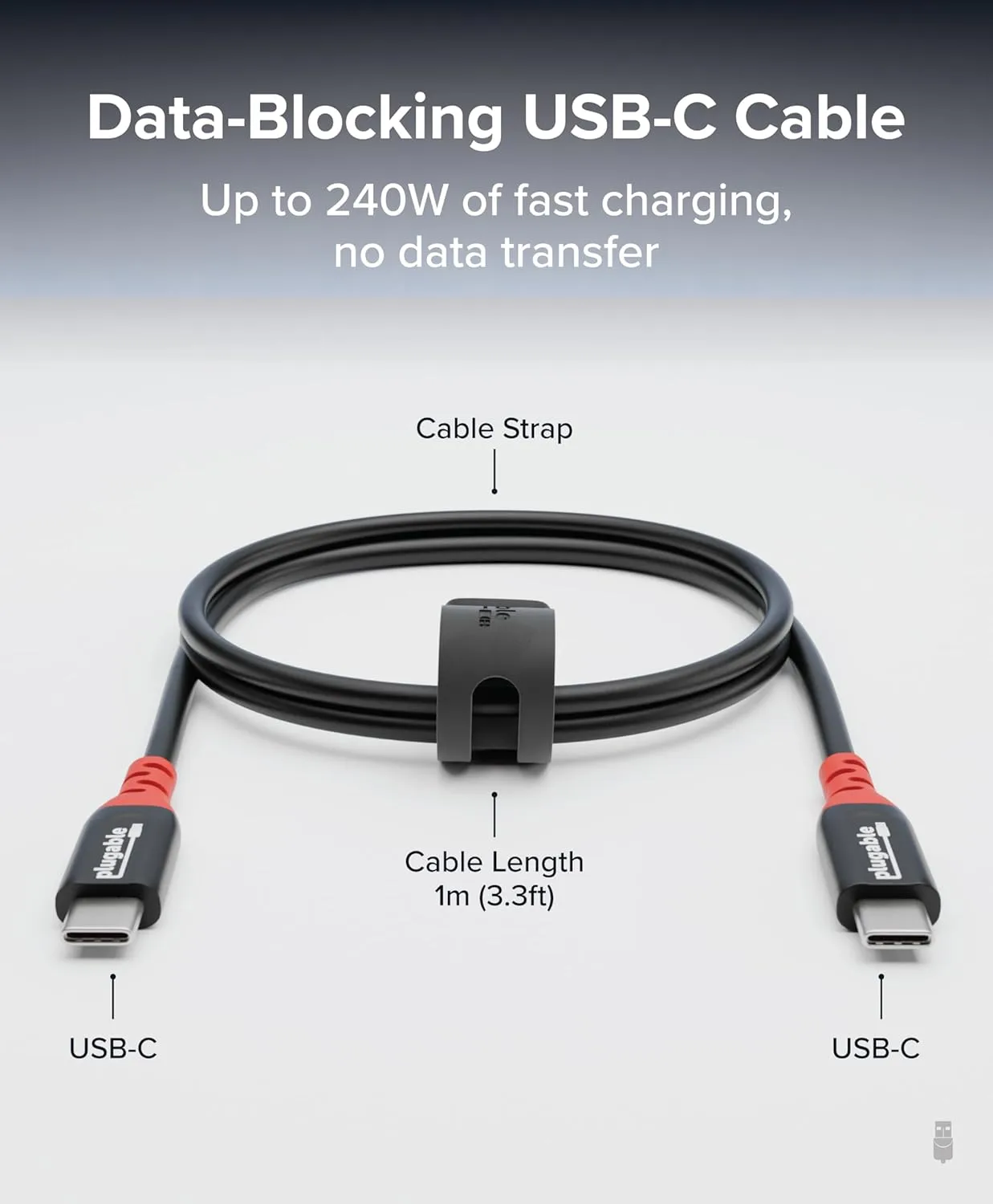 Plugable USB C to USB C Cable, Data Blocker Charge Only Cable (1m/3.3ft): 240W Safe Fast Charging for MacBook, iPhone 15/16, Galaxy S24, Steam Deck, and More USBC Devices (USBC-CC1M)
