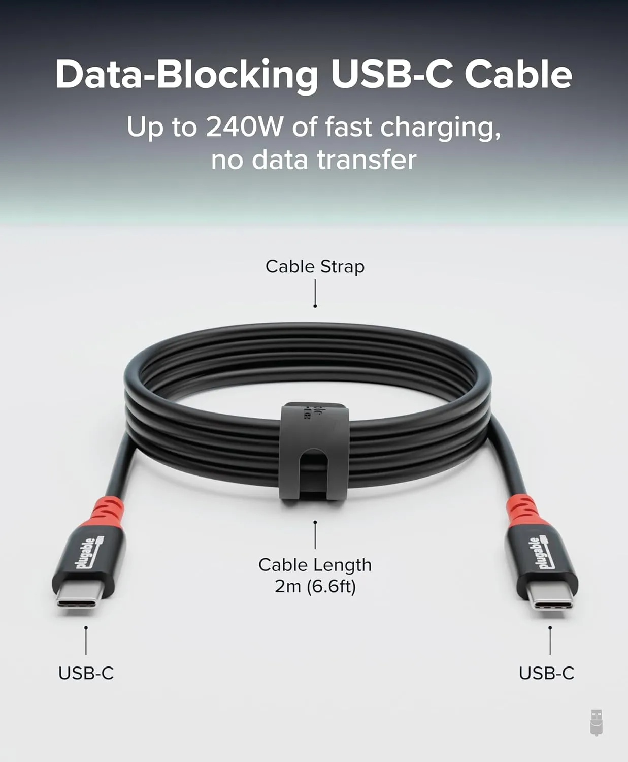 Plugable USB C to USB C Cable, Data Blocker Charge Only Cable (2m/6.6ft): 240W Safe Fast Charging for MacBook, iPhone 15/16, iPad, Galaxy S24, XPS and More USBC Devices (USBC-CC2M)