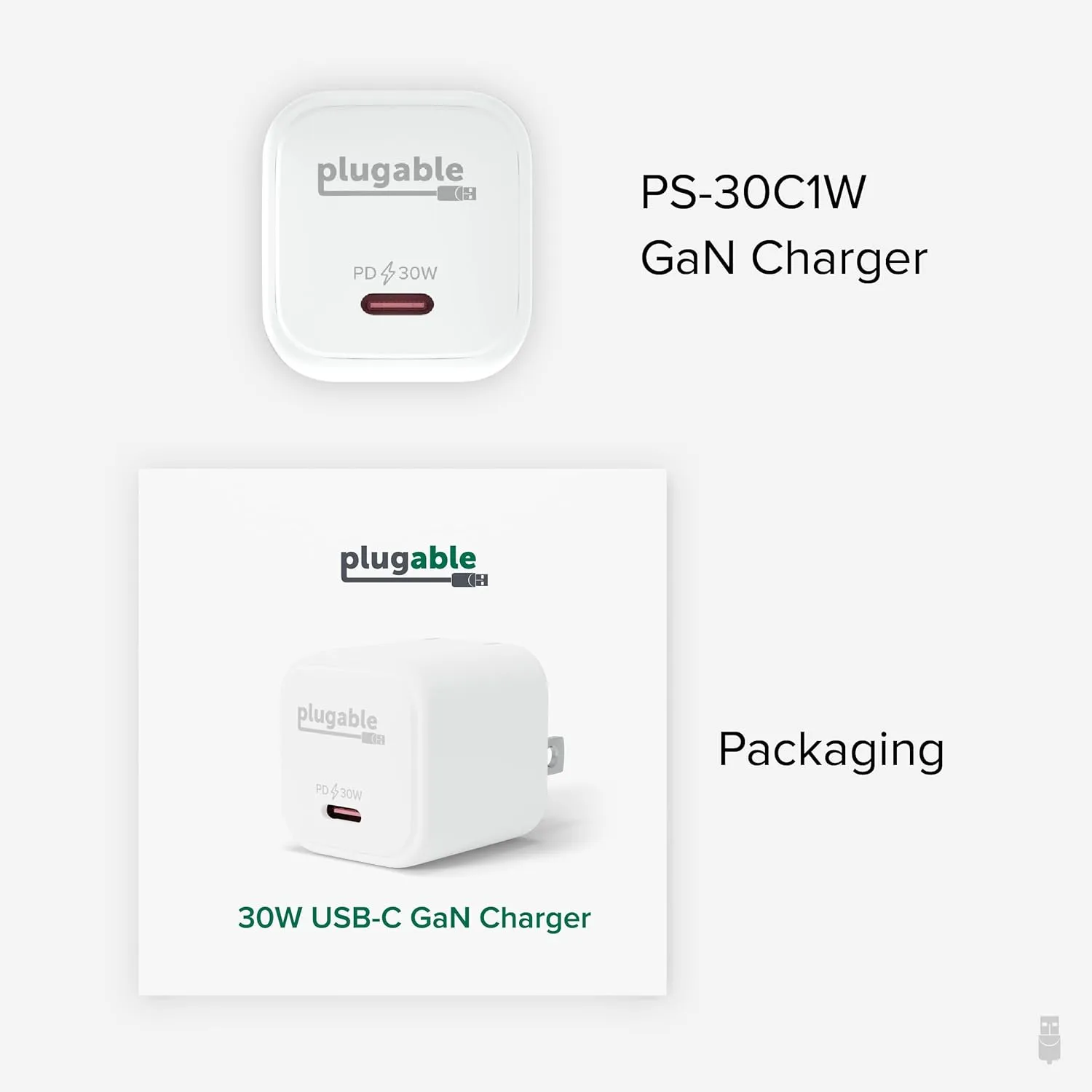 Plugable 30W USB-C GaN Charger – MagSafe-Compatible, Fast Charging for iPhone, iPad, Galaxy & USB-C Devices – White