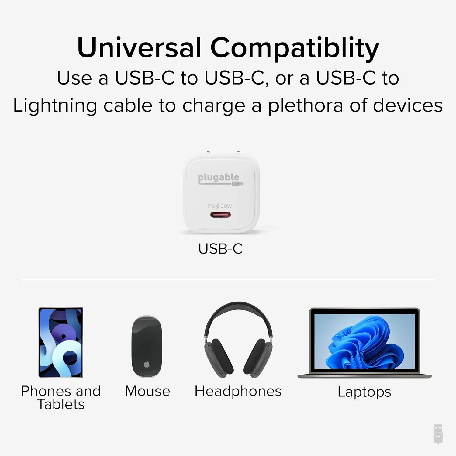 Plugable 30W USB-C GaN Charger – MagSafe-Compatible, Fast Charging for iPhone, iPad, Galaxy & USB-C Devices – White