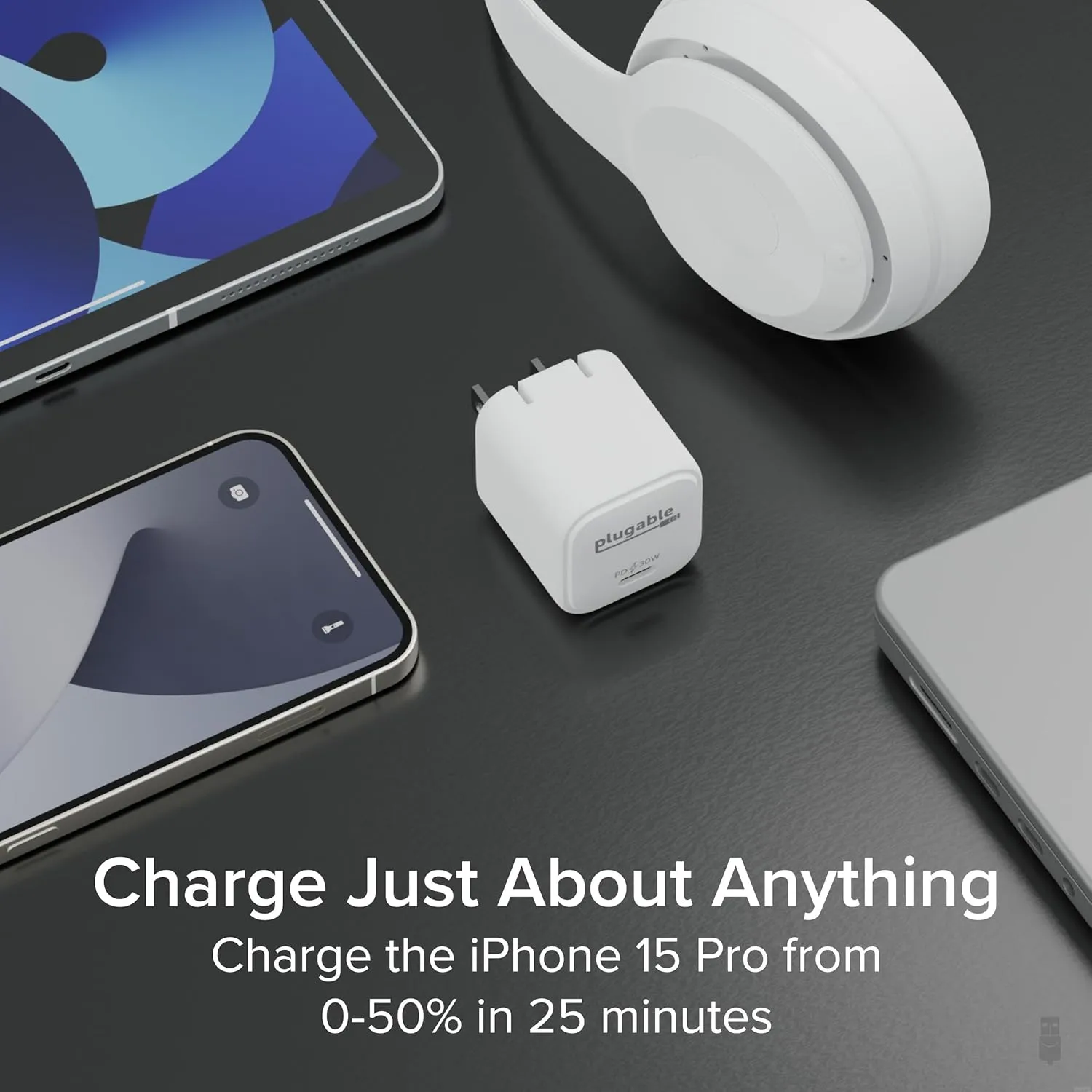Plugable 30W USB-C GaN Charger – MagSafe-Compatible, Fast Charging for iPhone, iPad, Galaxy & USB-C Devices – White
