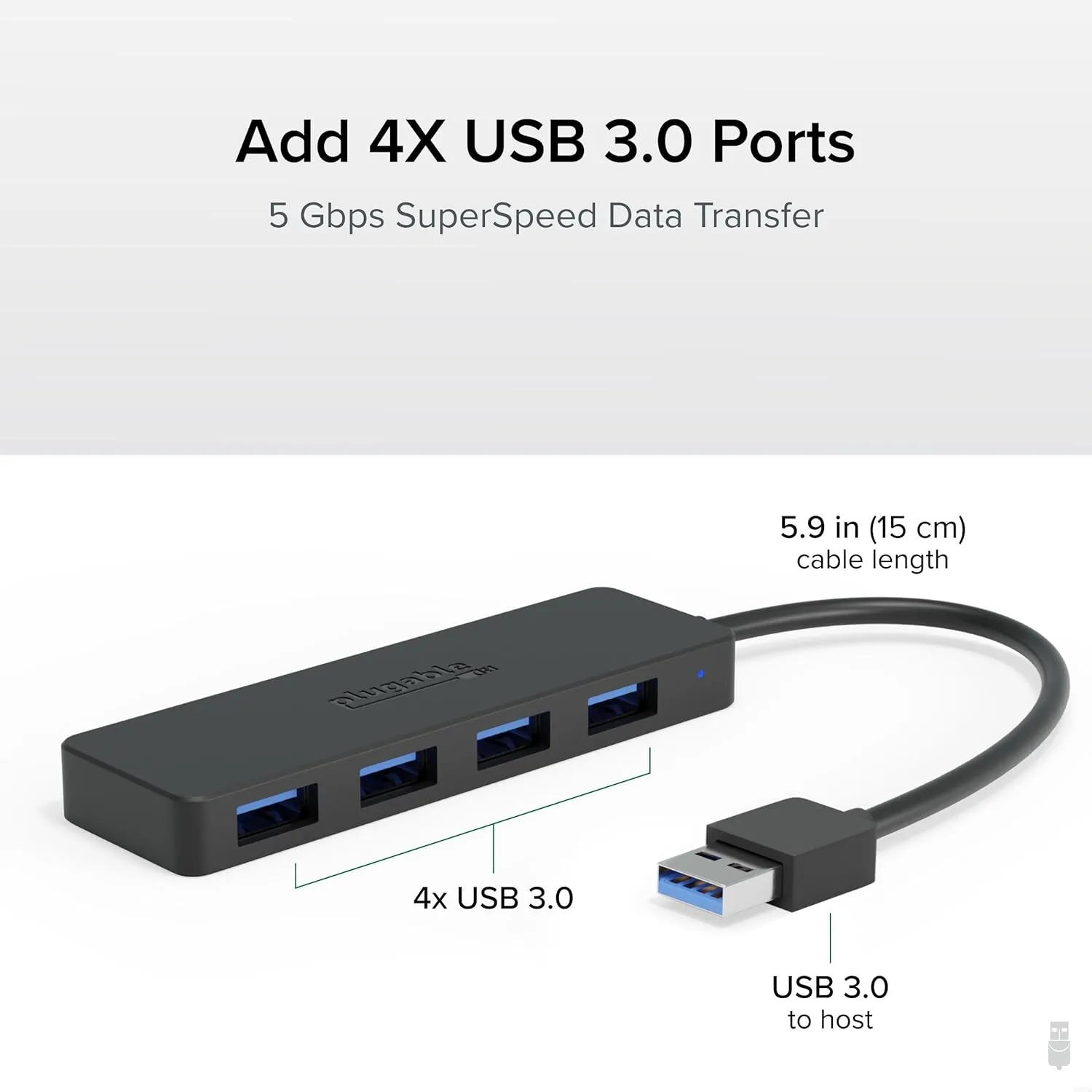 Plugable 4 Port USB Hub 3.0, USB Splitter for Laptop, Compatible with Windows, Surface Pro, PC, Chromebook, Linux, Android