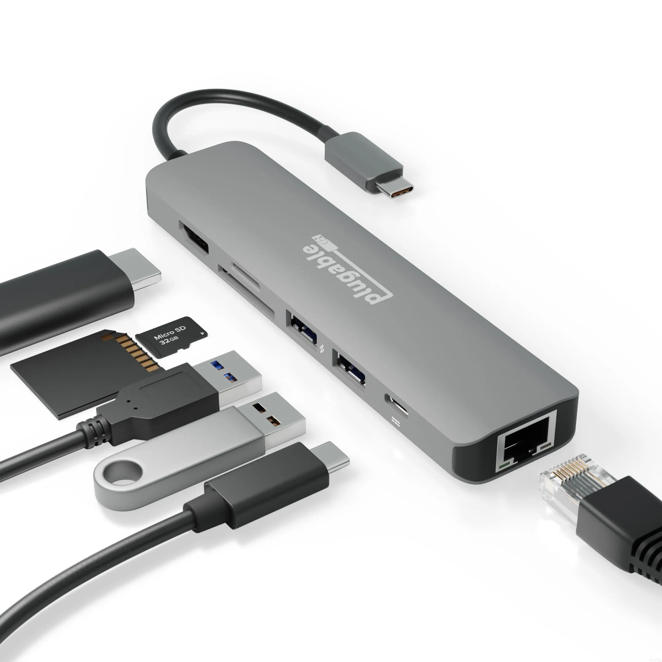Plugable 7-in-1 USB C Hub Multiport Adapter with Ethernet Driverless Compatibility with Mac, Windows, iPhone 15, Chromebook