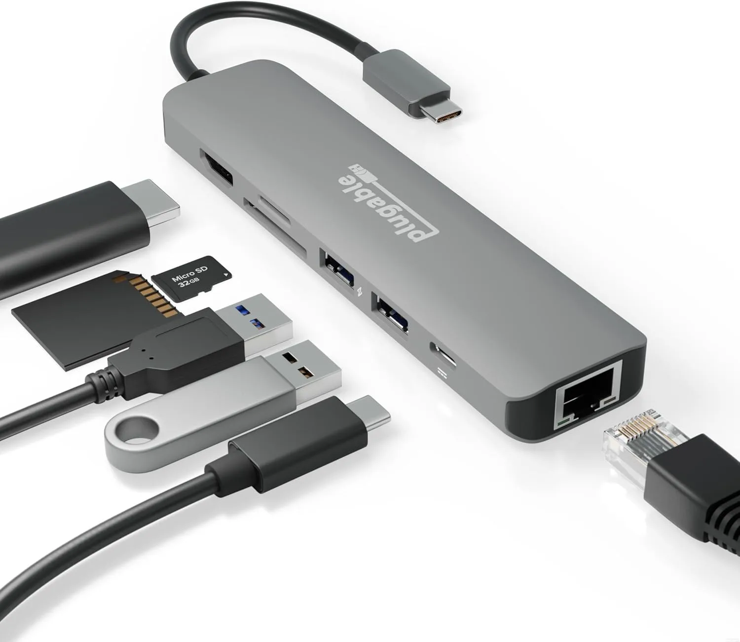 Plugable 7-in-1 USB C Hub Multiport Adapter with Ethernet Driverless Compatibility with Mac, Windows, iPhone 15, Chromebook