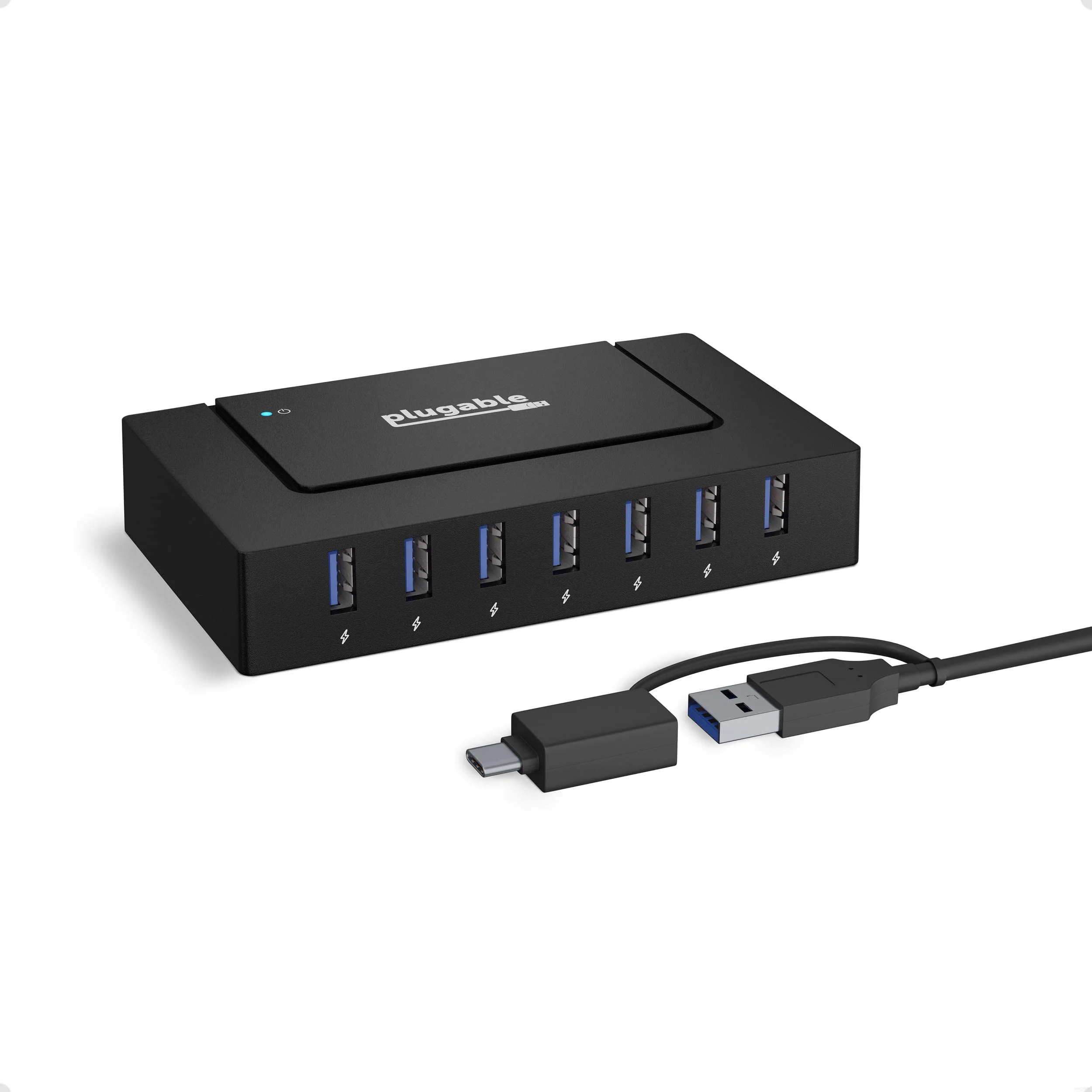 Plugable 7-in-1 USB Powered Hub for Laptops With USB-C or 3.0 - Power Station for Multiple Devices and Data Transfer With 60W Adapter, Driverless