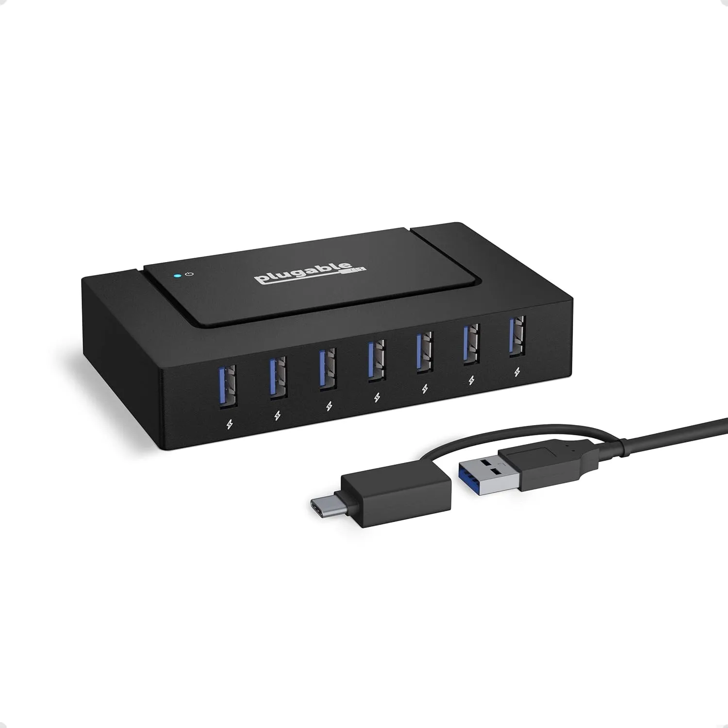 Plugable 7-in-1 USB Powered Hub for Laptops With USB-C or 3.0 - Power Station for Multiple Devices and Data Transfer With 60W Adapter, Driverless