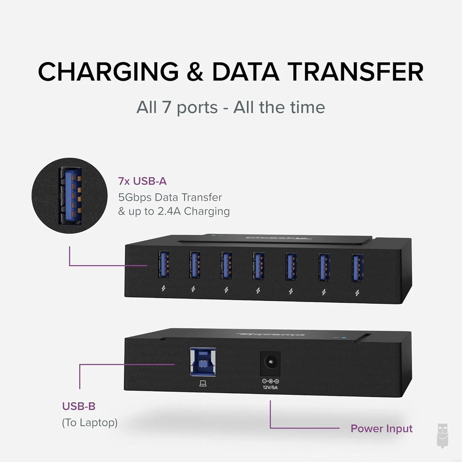 Plugable 7-in-1 USB Powered Hub for Laptops With USB-C or 3.0 - Power Station for Multiple Devices and Data Transfer With 60W Adapter, Driverless