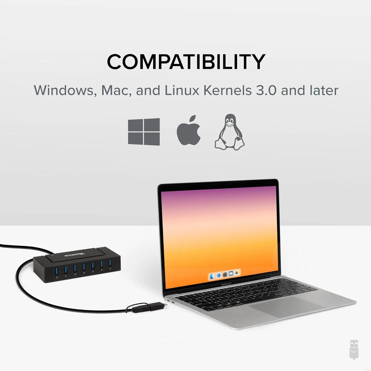Plugable 7-in-1 USB Powered Hub for Laptops With USB-C or 3.0 - Power Station for Multiple Devices and Data Transfer With 60W Adapter, Driverless