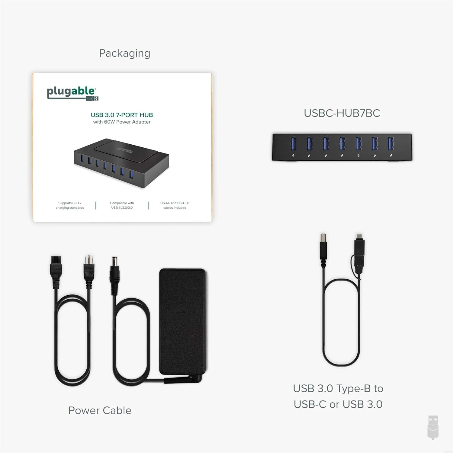 Plugable 7-in-1 USB Powered Hub for Laptops With USB-C or 3.0 - Power Station for Multiple Devices and Data Transfer With 60W Adapter, Driverless