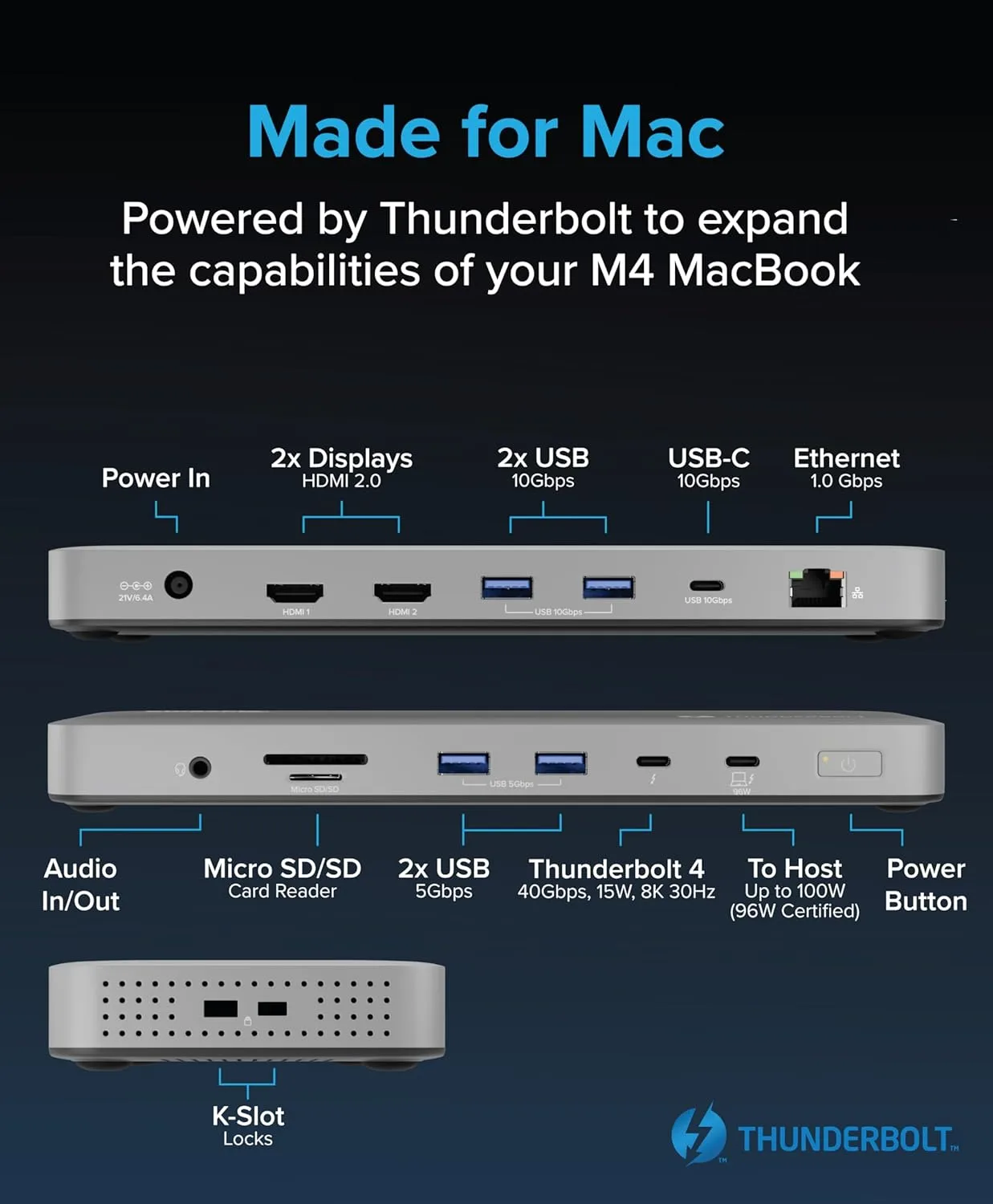 Plugable Thunderbolt 4 Dock for M4 MacBook Air & Pro, TBT-UDM – 100W, Dual 4K HDMI, 13‑Port