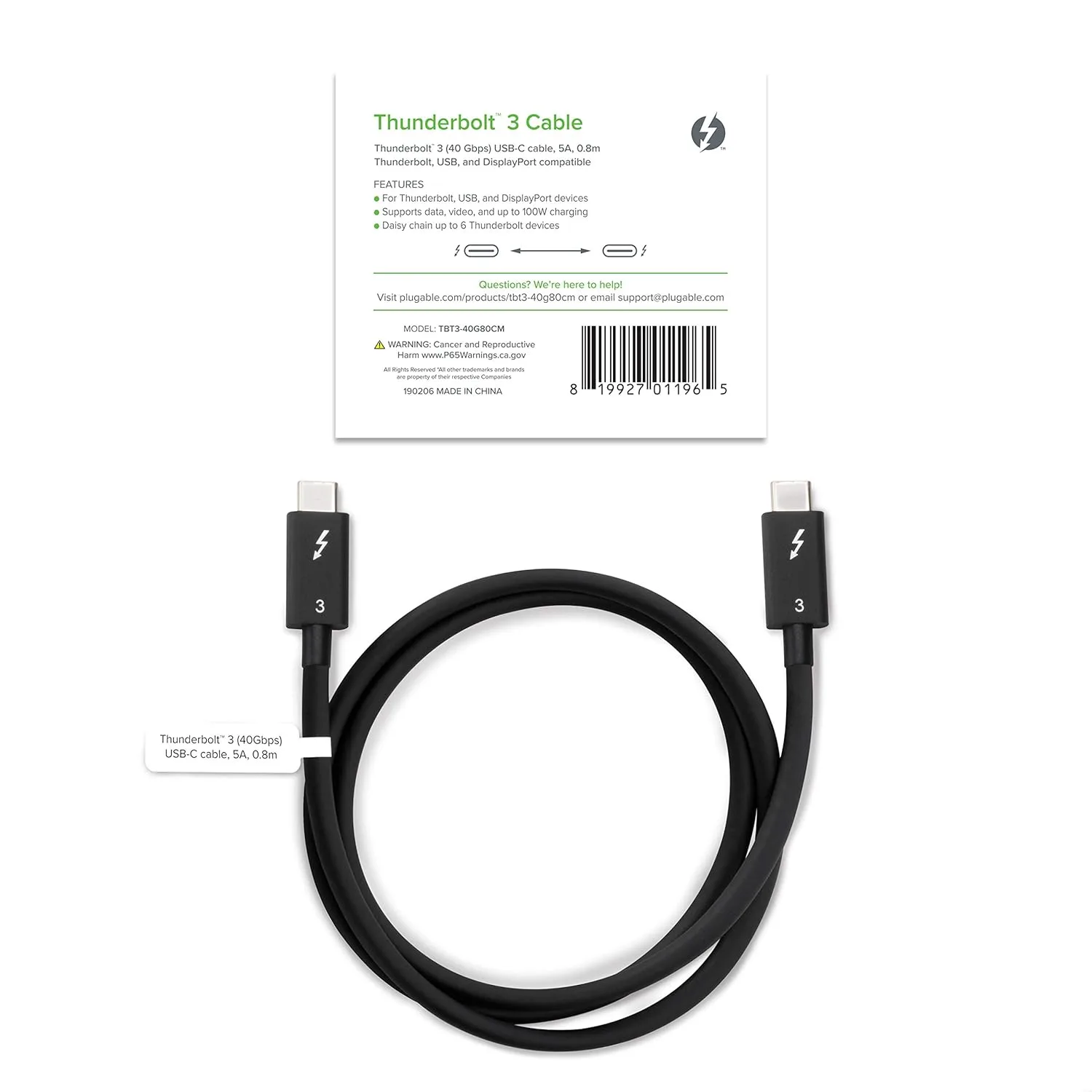 Plugable Thunderbolt 3 Cable 40Gbps Supports 100W (20V, 5A) Charging, 2.6ft / 80cm Thunderbolt-Certified USB C Compatible