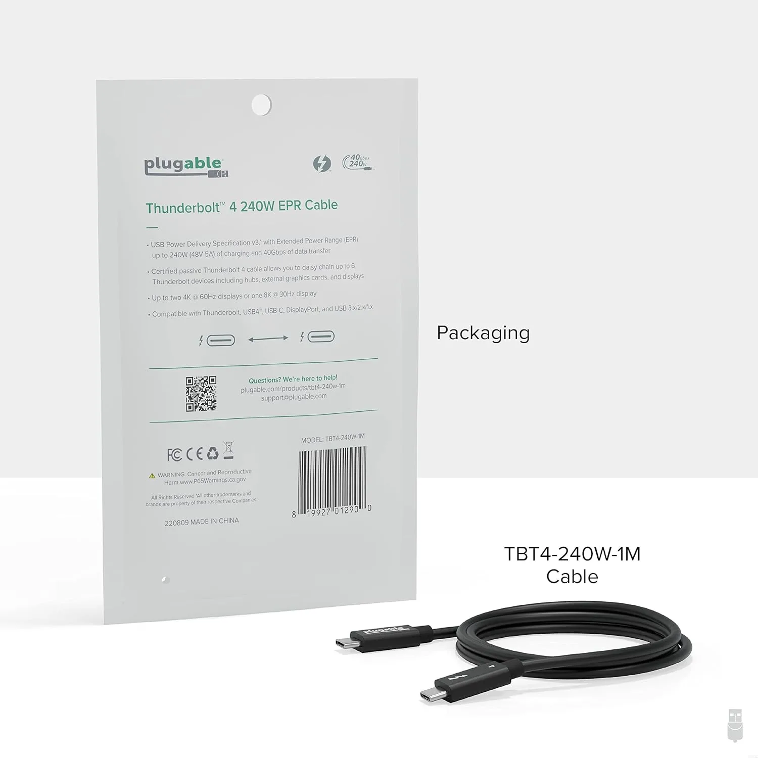 Plugable Thunderbolt 4 Cable with 240W Charging, Thunderbolt Certified, 3.3 Feet (1M),1x 8K Display, 40 Gbps
