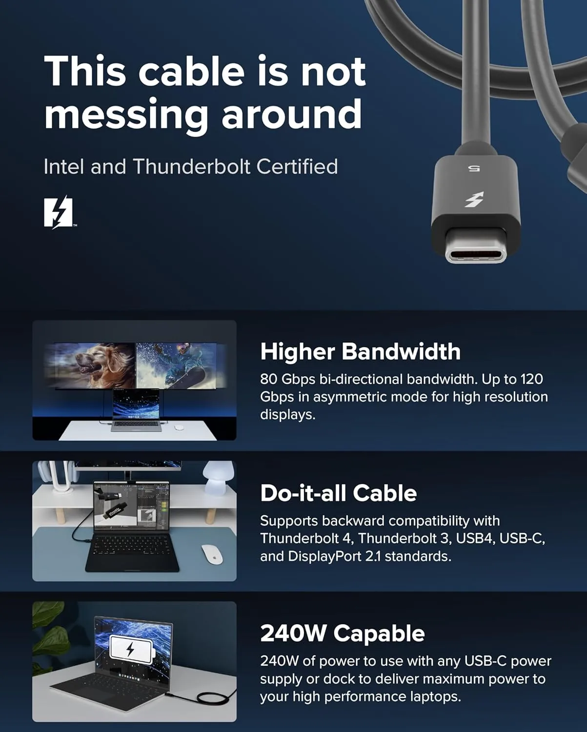 Plugable Thunderbolt 5 Cable with 80Gbps and 240W Charging | Thunderbolt Certified | Up to 120Gbps Bandwidth Boost | Compatible with Thunderbolt 4/3, USB4, USB C | 3.3ft (1M) Driverless (TBT5-240W1M)