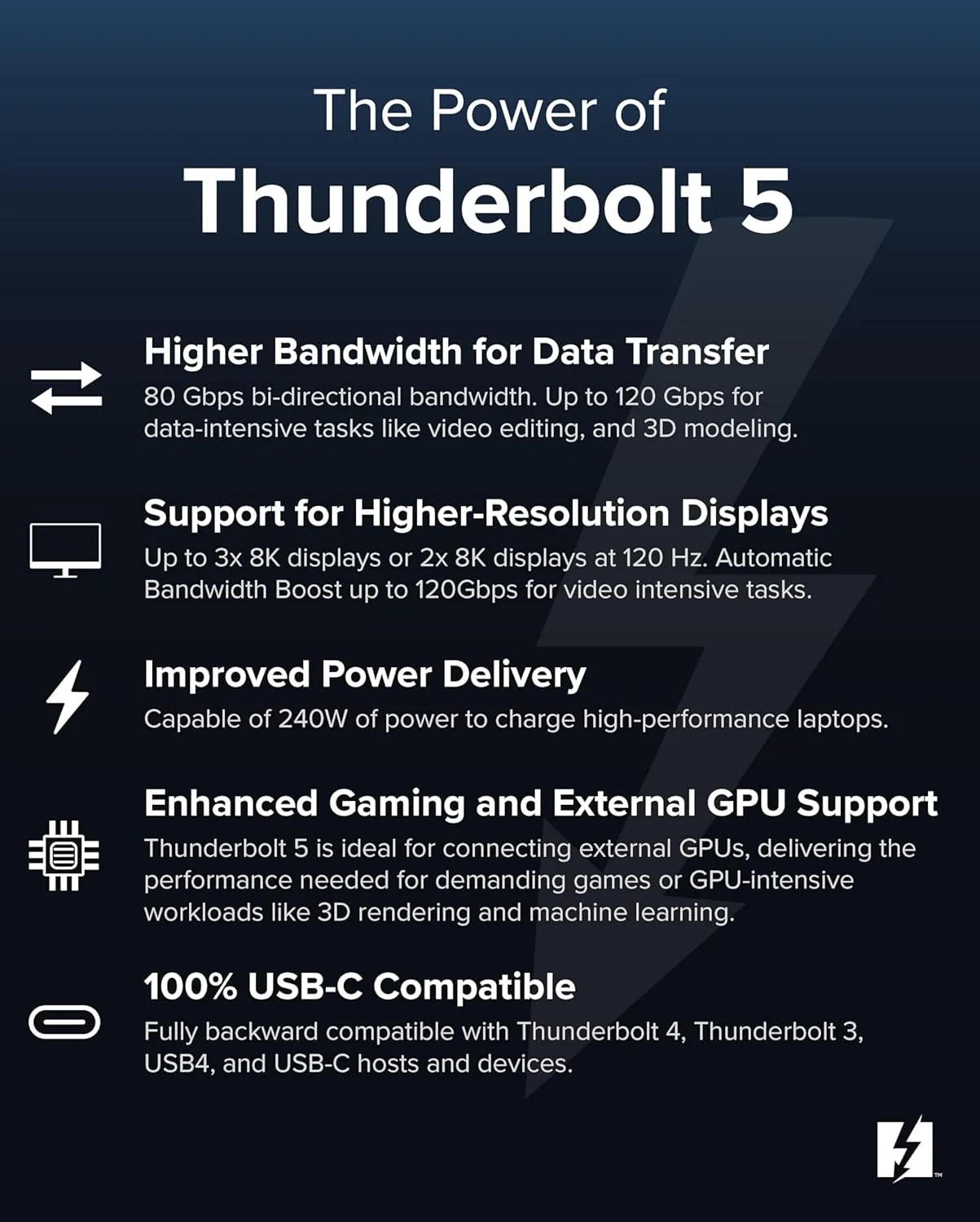 Plugable Thunderbolt 5 Cable with 80Gbps and 240W Charging | Thunderbolt Certified | Up to 120Gbps Bandwidth Boost | Compatible with Thunderbolt 4/3, USB4, USB C | 3.3ft (1M) Driverless (TBT5-240W1M)