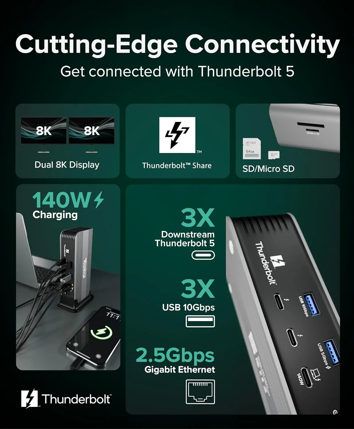 Plugable Thunderbolt 5 Dock: 140W Power Delivery, Up to Dual 6K/8K (TBT-UDT3)