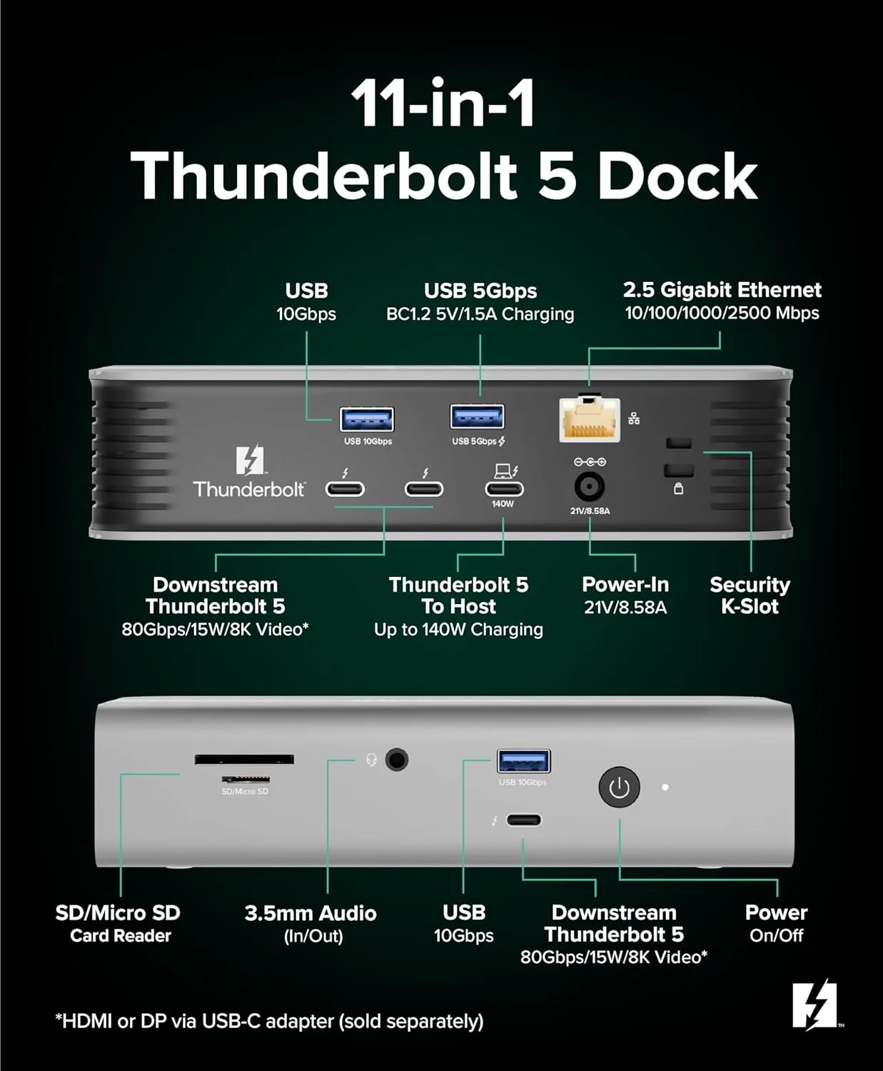 Plugable Thunderbolt 5 Dock: 140W Power Delivery, Up to Dual 6K/8K (TBT-UDT3)