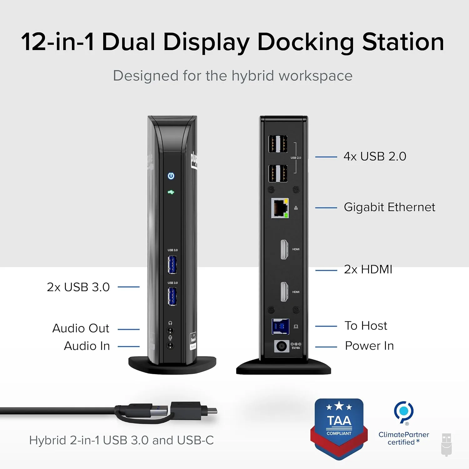 Plugable UD-3900 Universal Laptop Docking Station Dual HDMI, USB 3.0/USB-C, Gigabit Ethernet