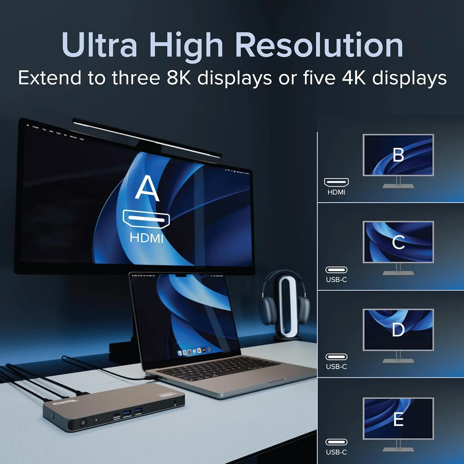Plugable USB C Docking Station 5 Monitors, 140W DisplayLink Dock Connects up to Five 4K Displays for MacBook Windows Thunderbolt 4 Laptops, 2x HDMI, 3x USBC 2.5Gbps Ethernet, Driver Required UD-7400PD
