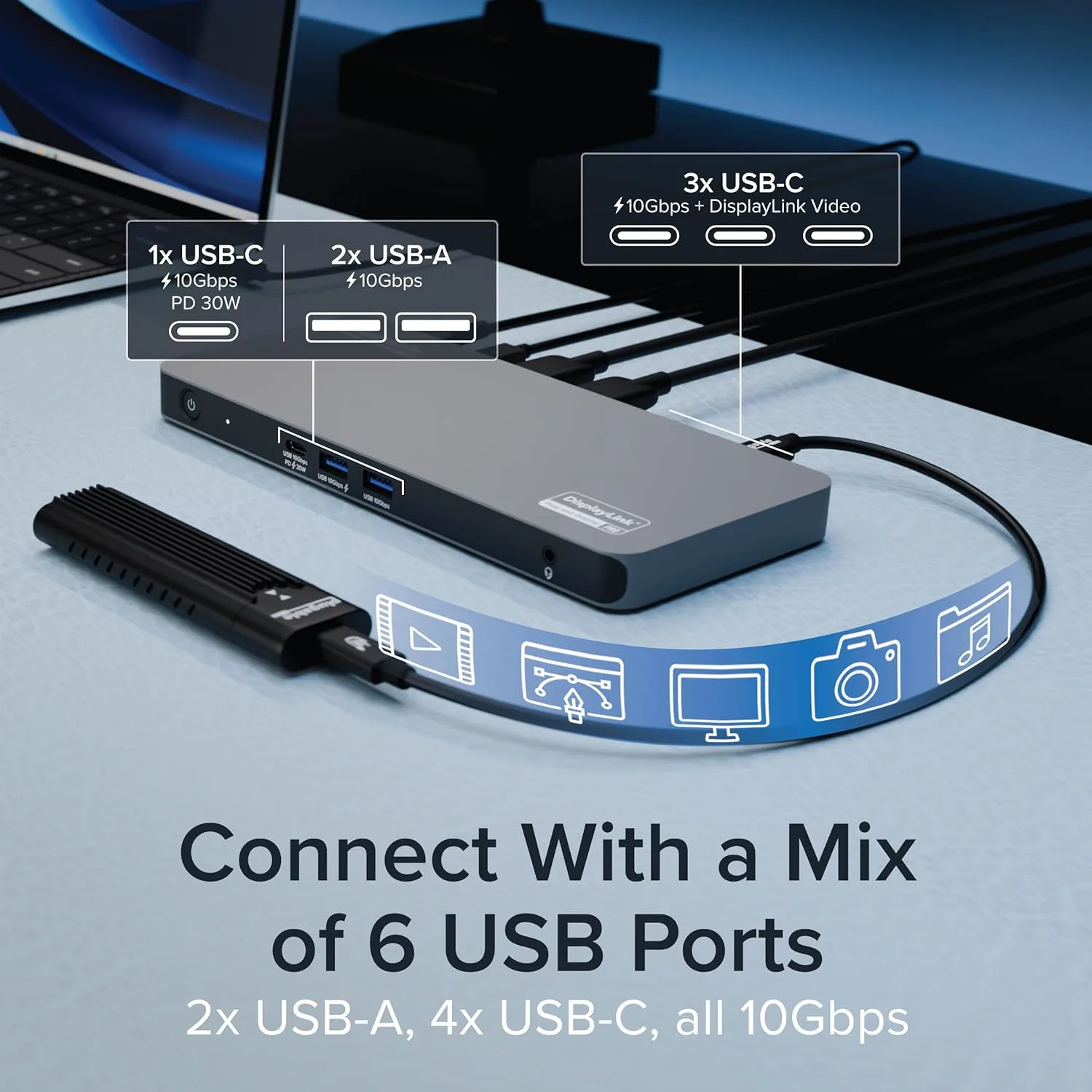 Plugable USB C Docking Station 5 Monitors, 140W DisplayLink Dock Connects up to Five 4K Displays for MacBook Windows Thunderbolt 4 Laptops, 2x HDMI, 3x USBC 2.5Gbps Ethernet, Driver Required UD-7400PD