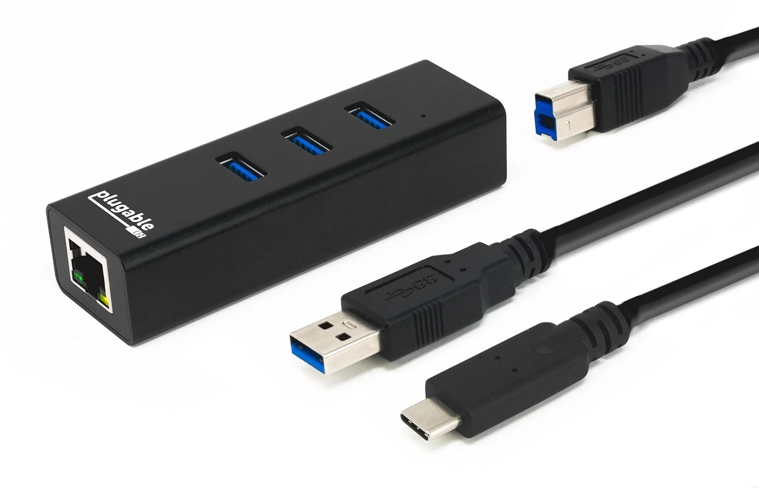 Plugable 3-Port USB 3.0 Hub with Gigabit Ethernet | Compatible with Windows, macOS, Linux, and ChromeOS | Portable USB-C/USB-A Bus-Powered RJ45 GbE LAN Adapter for Laptops, MacBooks, Chromebooks