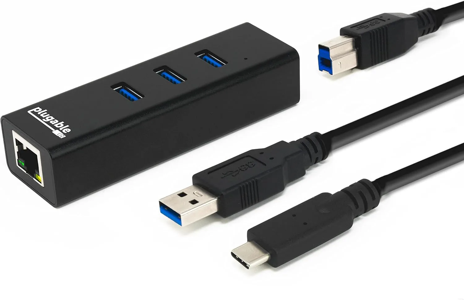 Plugable 3-Port USB 3.0 Hub with Gigabit Ethernet | Compatible with Windows, macOS, Linux, and ChromeOS | Portable USB-C/USB-A Bus-Powered RJ45 GbE LAN Adapter for Laptops, MacBooks, Chromebooks