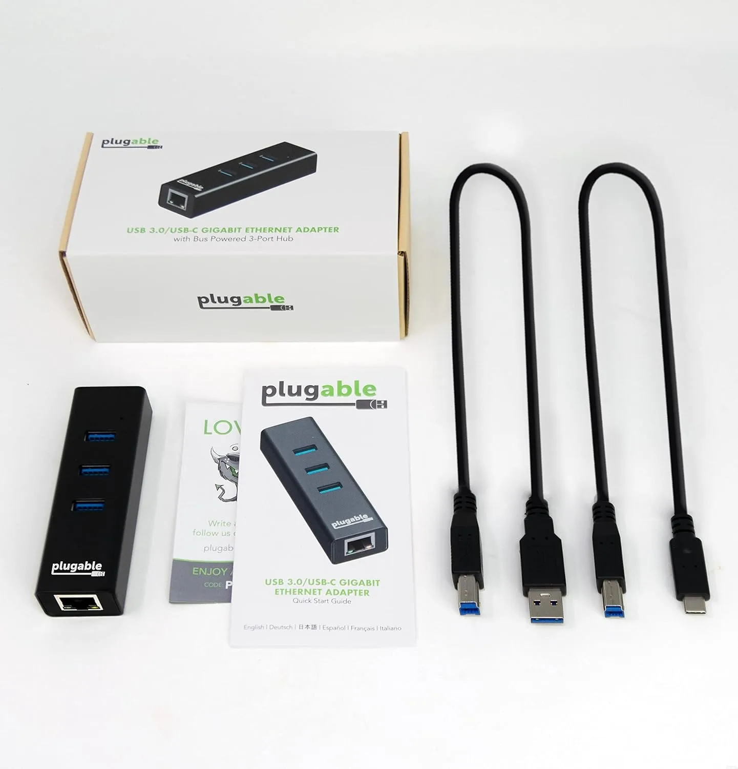 Plugable 3-Port USB 3.0 Hub with Gigabit Ethernet | Compatible with Windows, macOS, Linux, and ChromeOS | Portable USB-C/USB-A Bus-Powered RJ45 GbE LAN Adapter for Laptops, MacBooks, Chromebooks