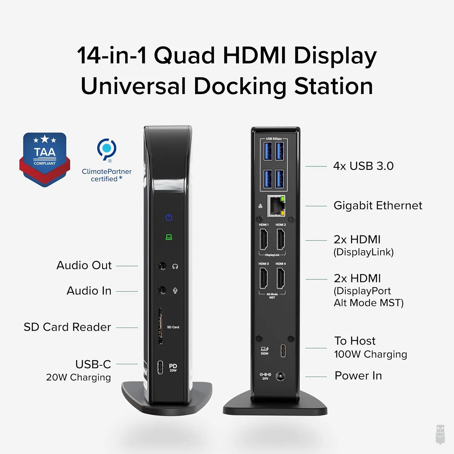 Plugable 14-in-1 USB C Docking Station | 4X HDMI Quad Dock with 100W Charging UD-3900C4