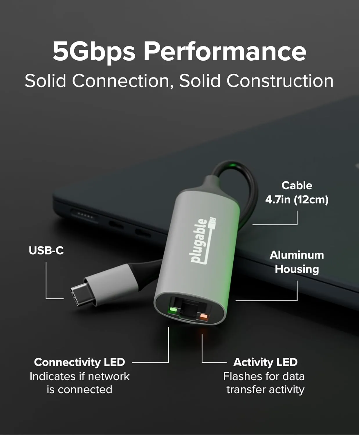 Plugable 5Gbps USB-C Ethernet Adapter | 5000Mbps Wired Network | Realtek RTL8157 (USBC-E5000)