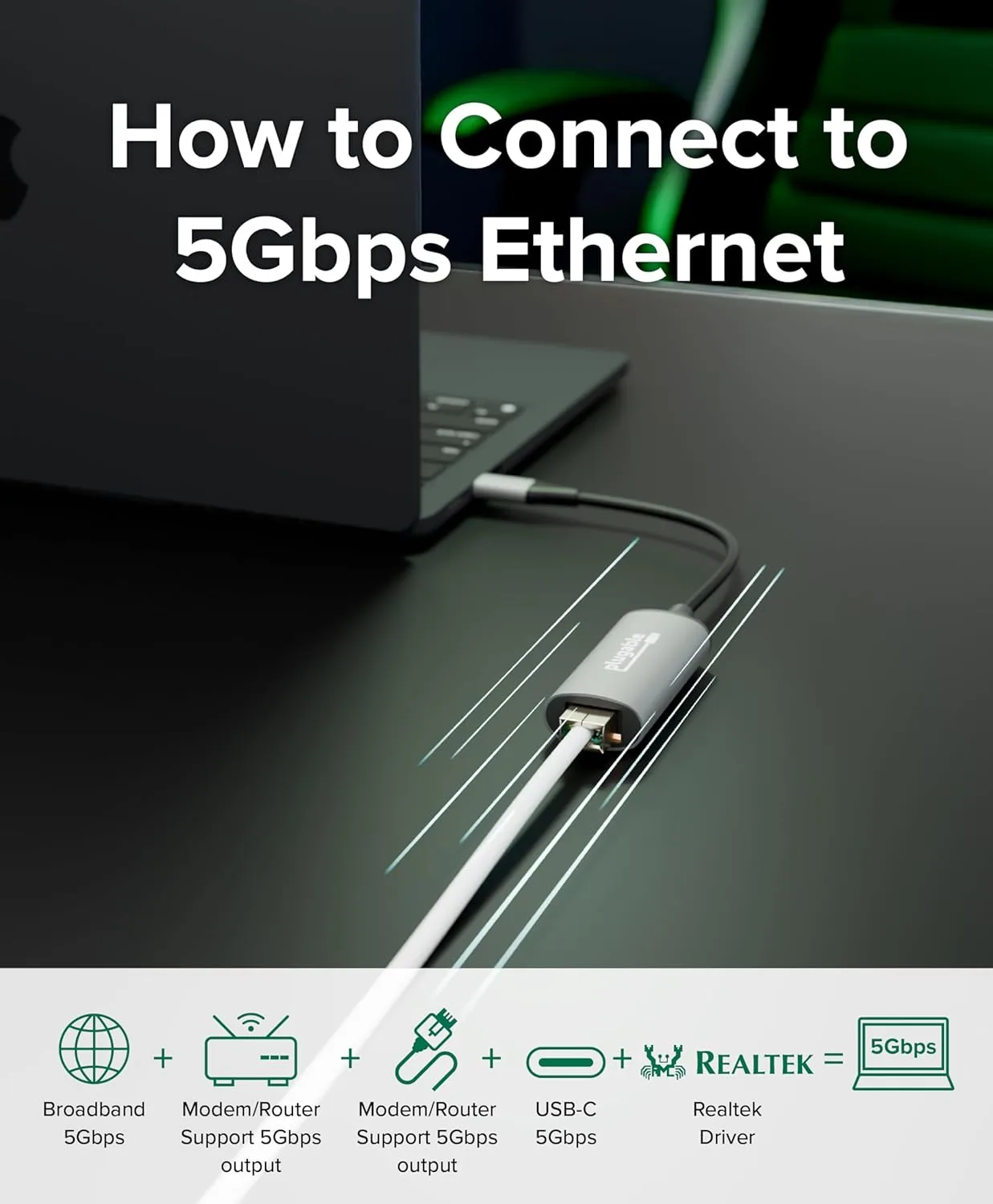 Plugable 5Gbps USB-C Ethernet Adapter | 5000Mbps Wired Network | Realtek RTL8157 (USBC-E5000)