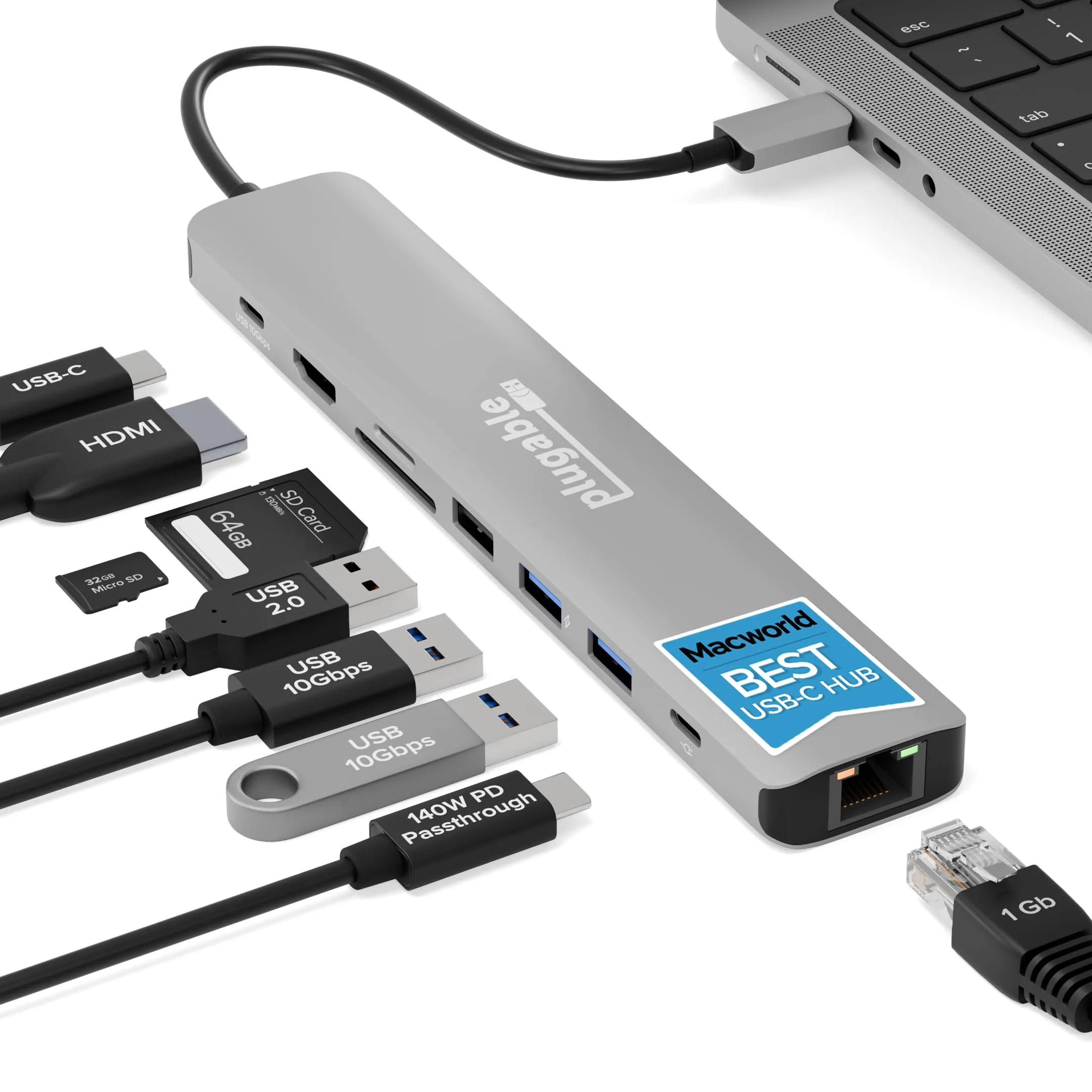 Plugable USB-C 9-in-1 Hub with 140W PD, 4K60Hz HDMI, 10Gbps (USBC-9IN1E)
