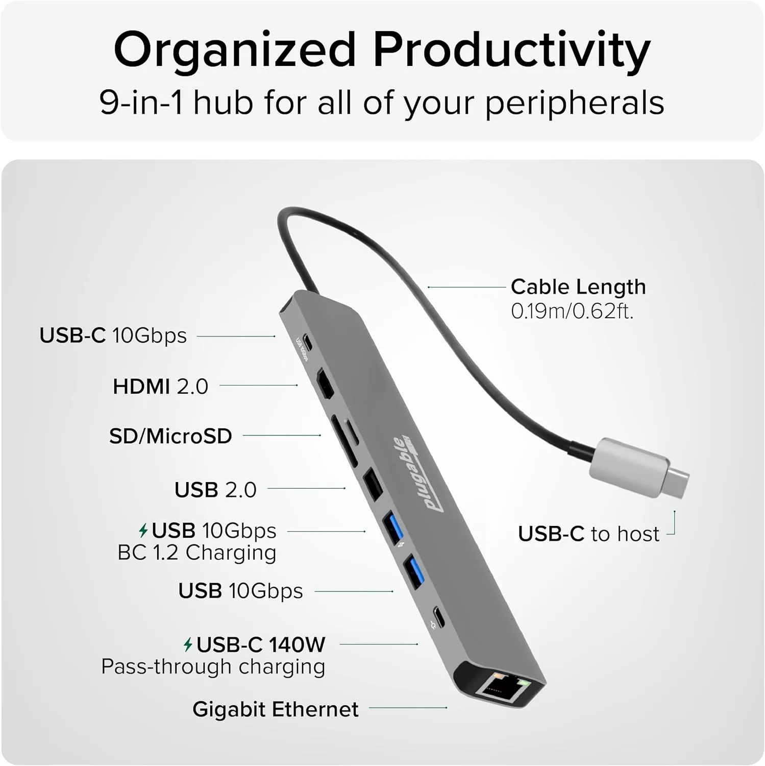 Plugable USB-C 9-in-1 Hub with 140W PD, 4K60Hz HDMI, 10Gbps (USBC-9IN1E)