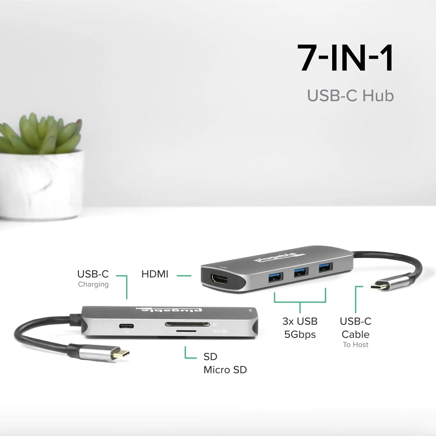 Plugable USB-C Hub 7-in-1, Driverless USB C Hub Compatible with Mac, Windows, Chromebook, USB4, Thunderbolt 4
