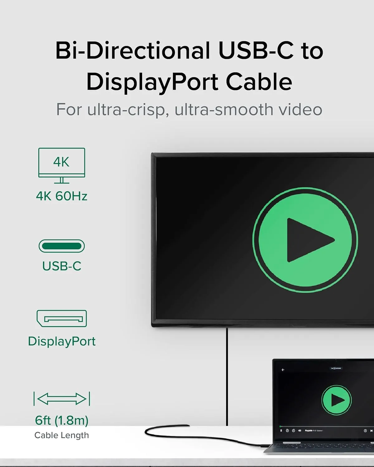 Plugable USB C to DisplayPort Bi Directional Cable 6 feet (1.8m), Up to 4K at 60Hz