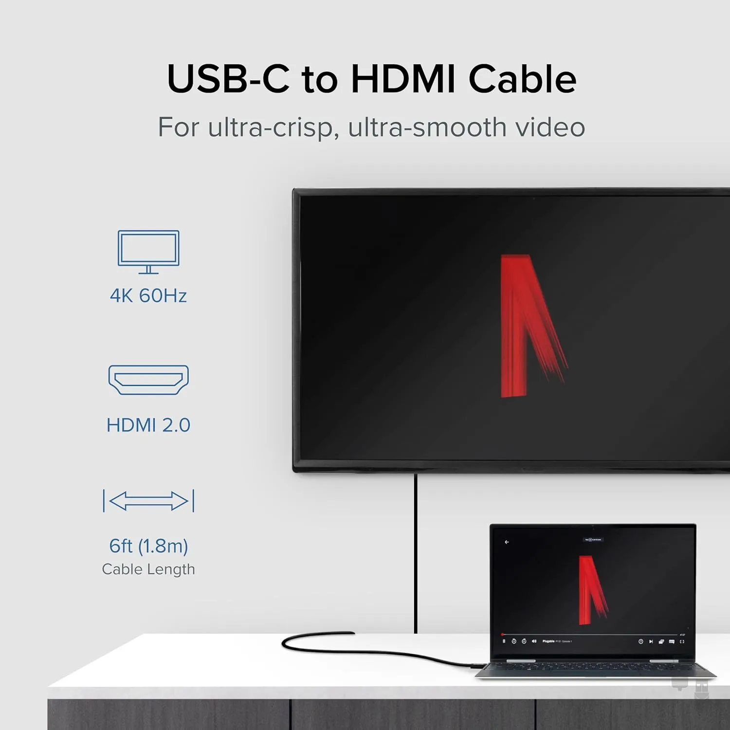 Plugable USB C to HDMI Cable 6ft / 1.8m, HDMI 2.0, USB4 / Thunderbolt Adapter for 4K Monitor