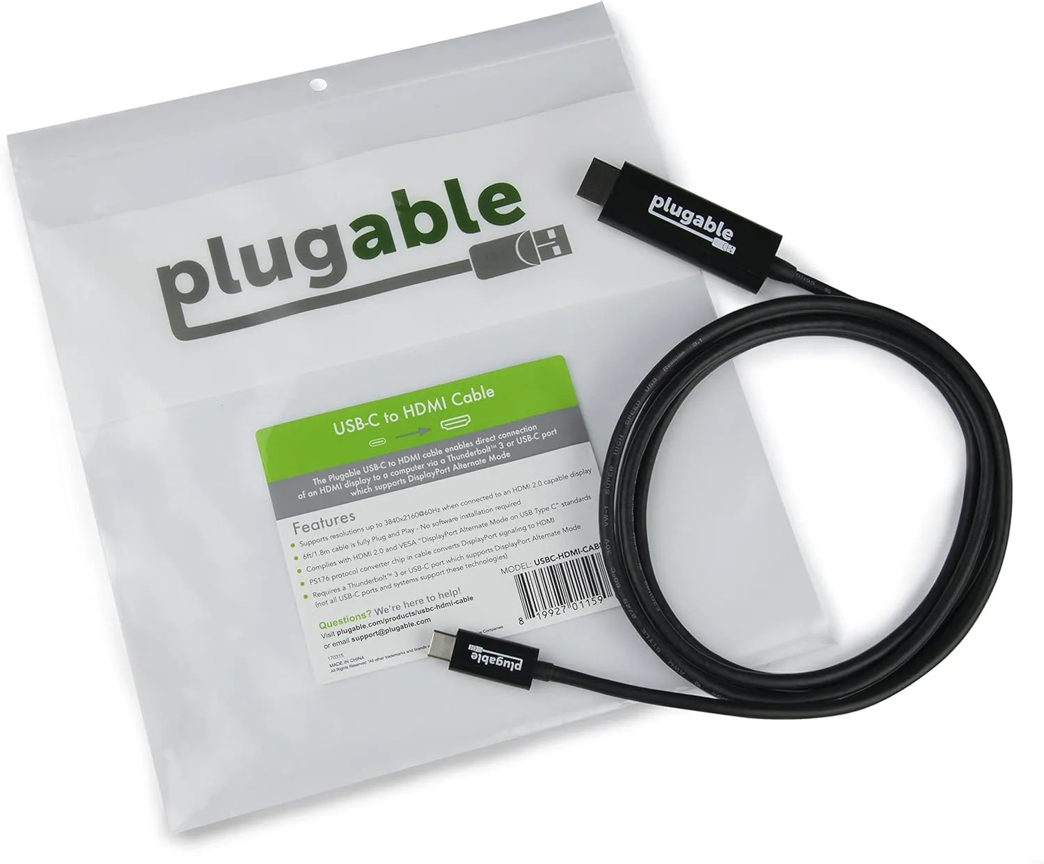 Plugable USB C to HDMI Cable 6ft / 1.8m, HDMI 2.0, USB4 / Thunderbolt Adapter for 4K Monitor