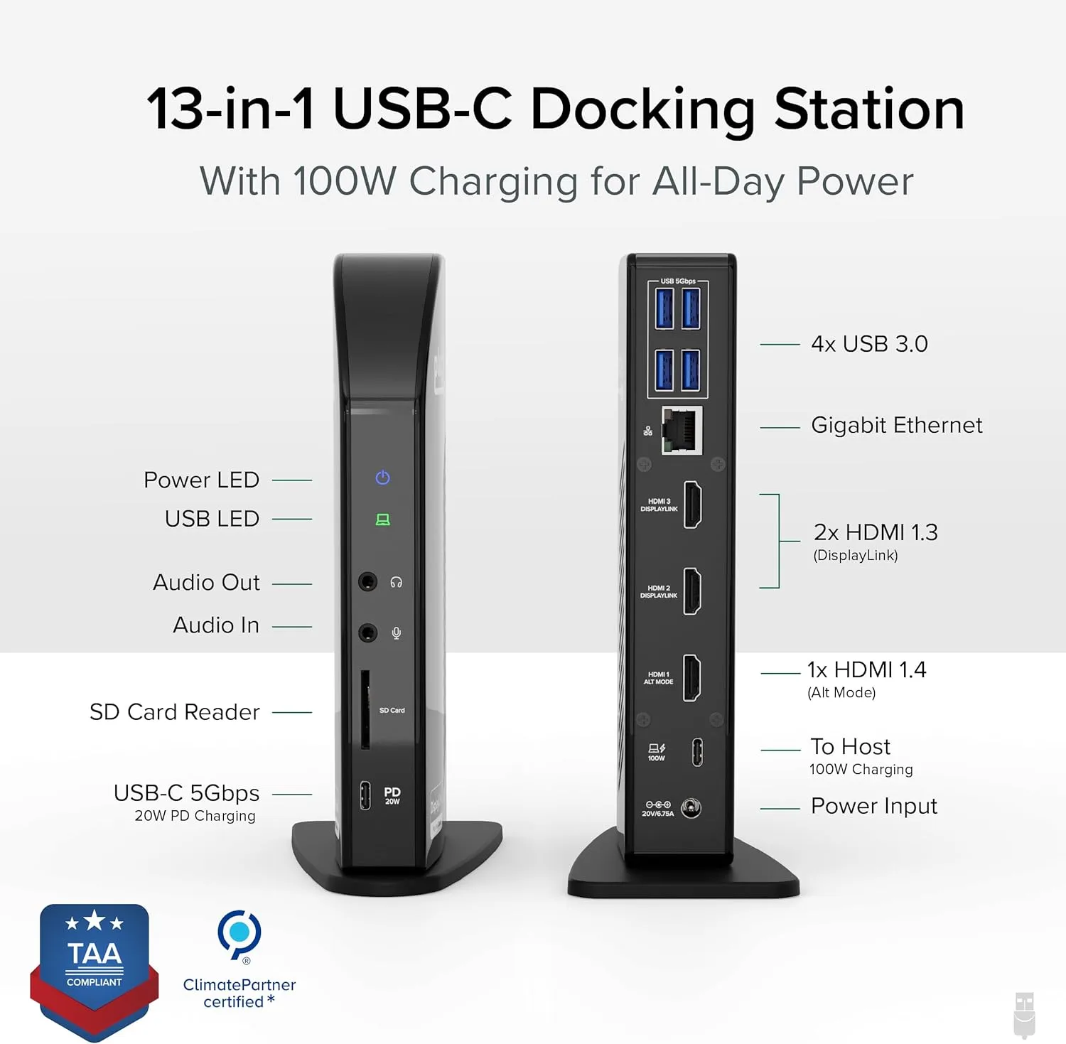Plugable USB-C Triple Monitor Docking Station: 13-in-1 Laptop Dock with 100W Charging for Mac (DisplayLink Driver Required)