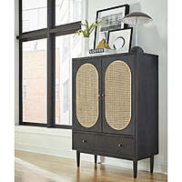 Modern Black Rattan Bar Cabinet with Oval Cane & Drawers - Accent Storage
