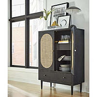 Modern Black Rattan Bar Cabinet with Oval Cane & Drawers - Accent Storage