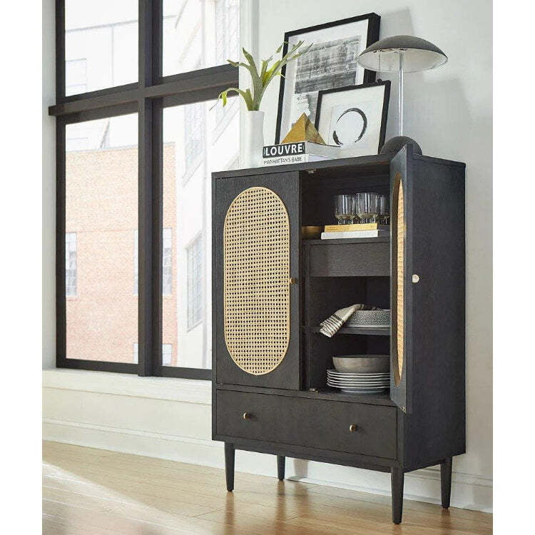 Modern Black Rattan Bar Cabinet with Oval Cane & Drawers - Accent Storage