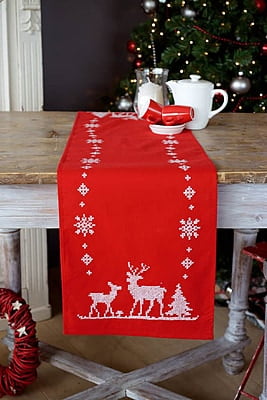Centro Tavola 30x105 cm da Ricamare a Punto Croce Natale con Renna, 15256