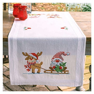 Runner Punto Croce prestampato con gnomi e renne Runner Punto Croce prestampato con gnomi e renne