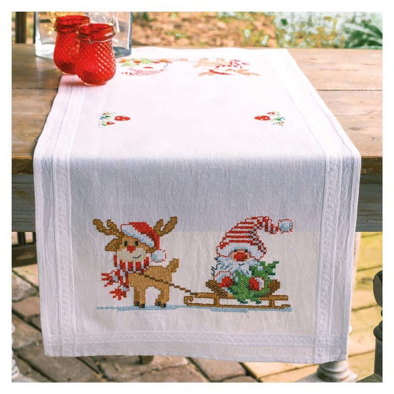 Runner Punto Croce prestampato con gnomi e renne Runner Punto Croce prestampato con gnomi e renne