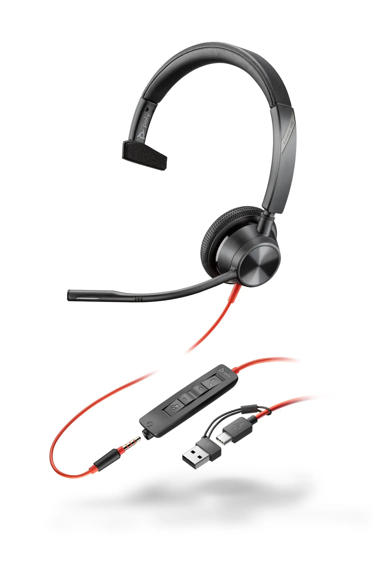 Poly Blackwire 3315 Monaural USB-C Headset +3.5mm Plug +USB-C/A Adapter
