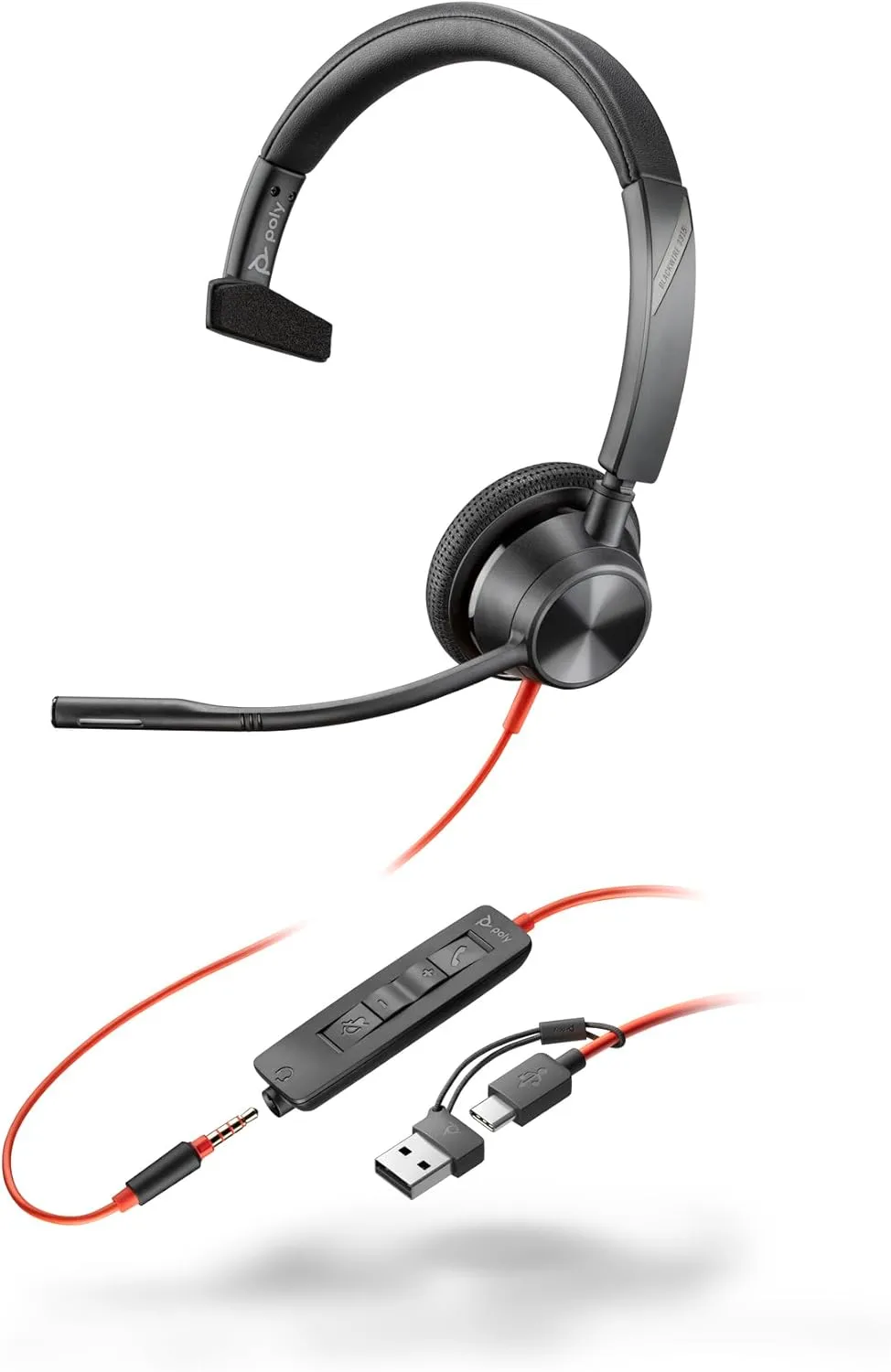 Poly Blackwire 3315 Monaural USB-C Headset +3.5mm Plug +USB-C/A Adapter