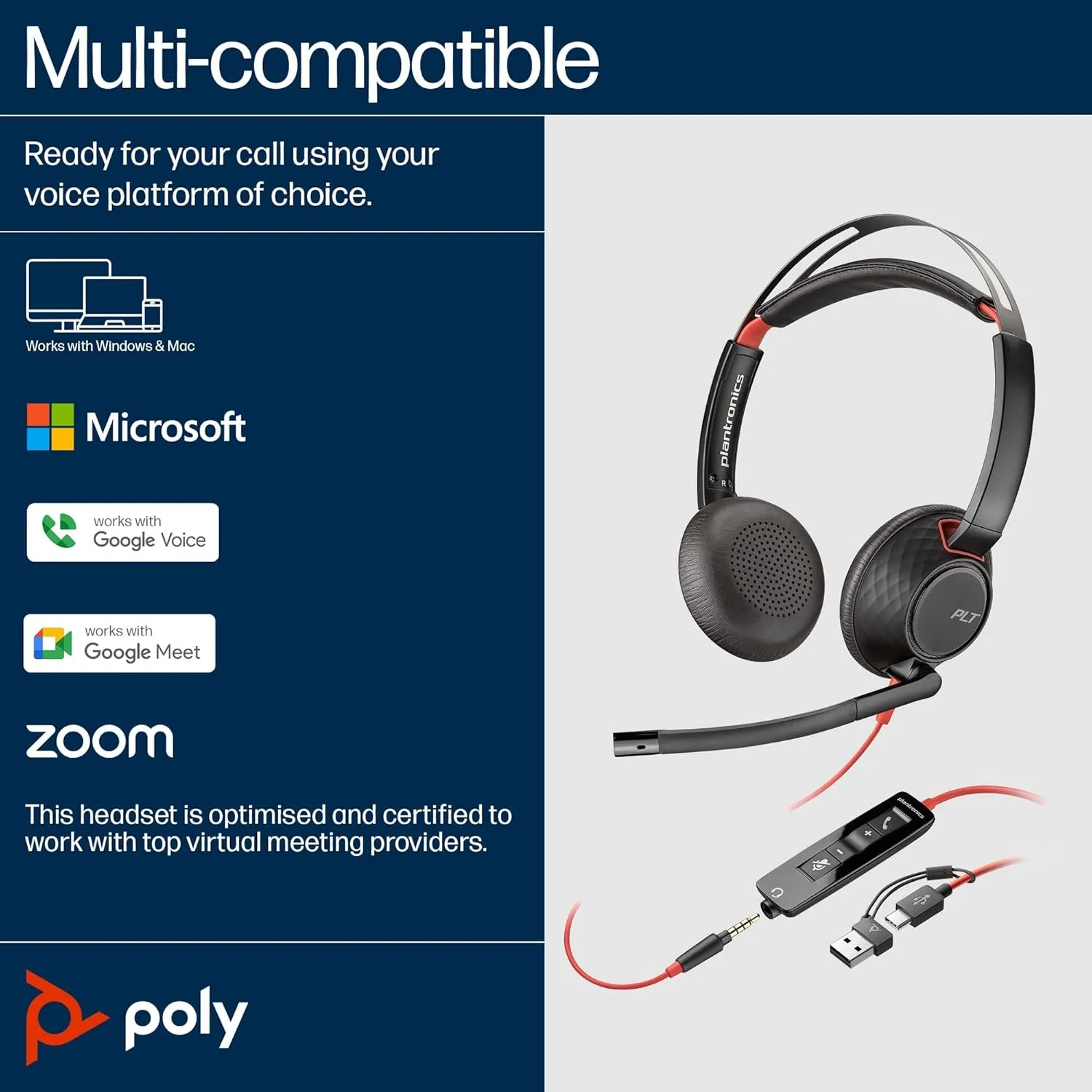 Poly Blackwire 5220 Stereo USB-C Headset + 3.5mm Plug + USB-C/A Adapter (Bulk)