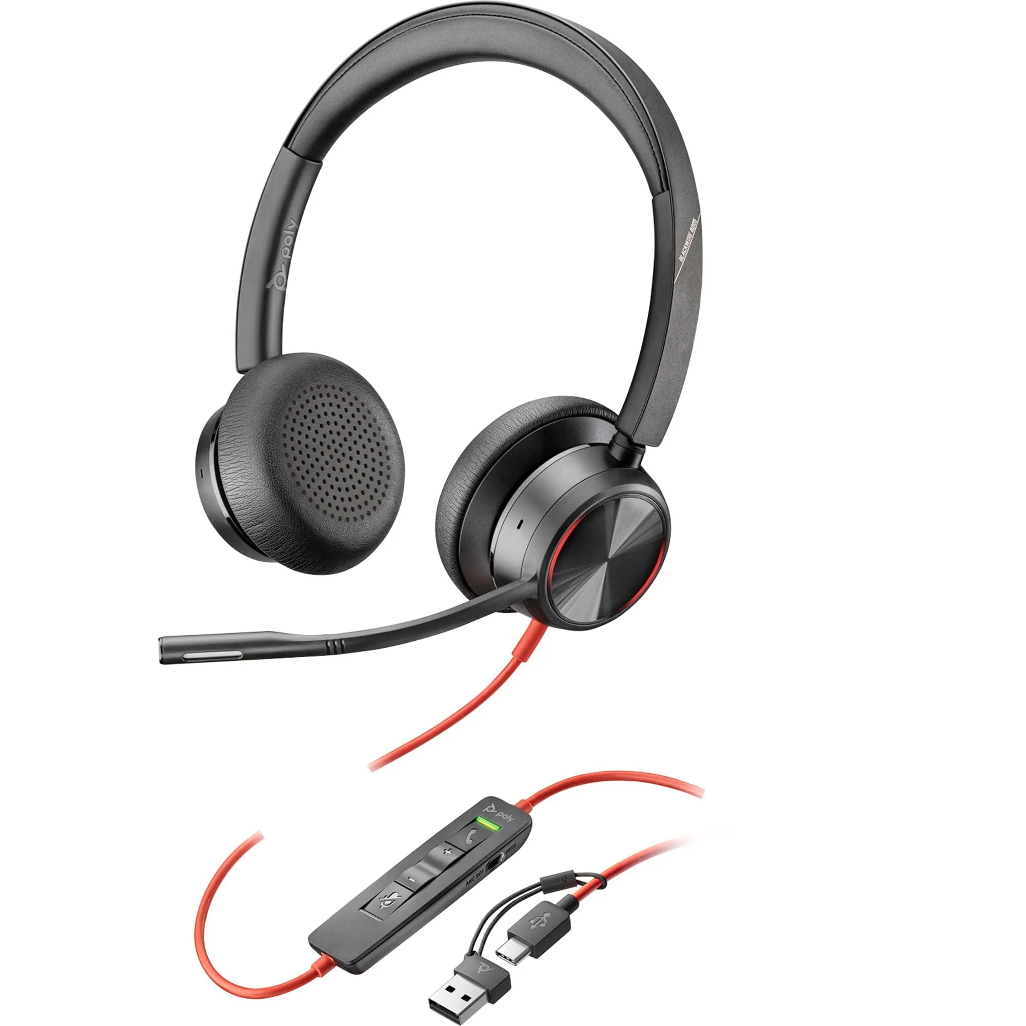 Poly Blackwire 8225 Stereo USB-C Headset with USB-C/A Adapter, On-Ear, Active Noise Cancelling
