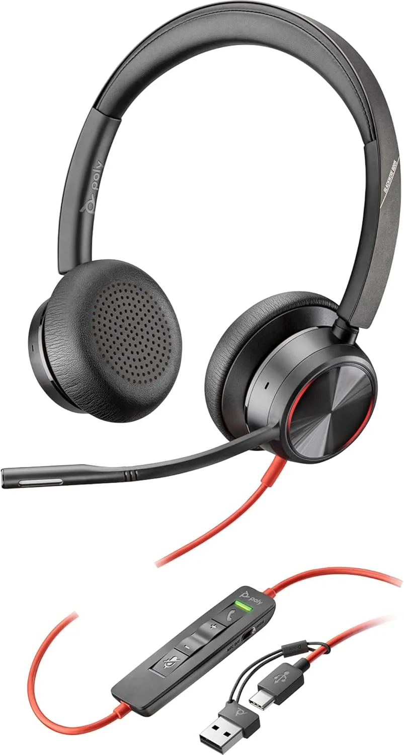 Poly Blackwire 8225 Stereo USB-C Headset with USB-C/A Adapter, On-Ear, Active Noise Cancelling