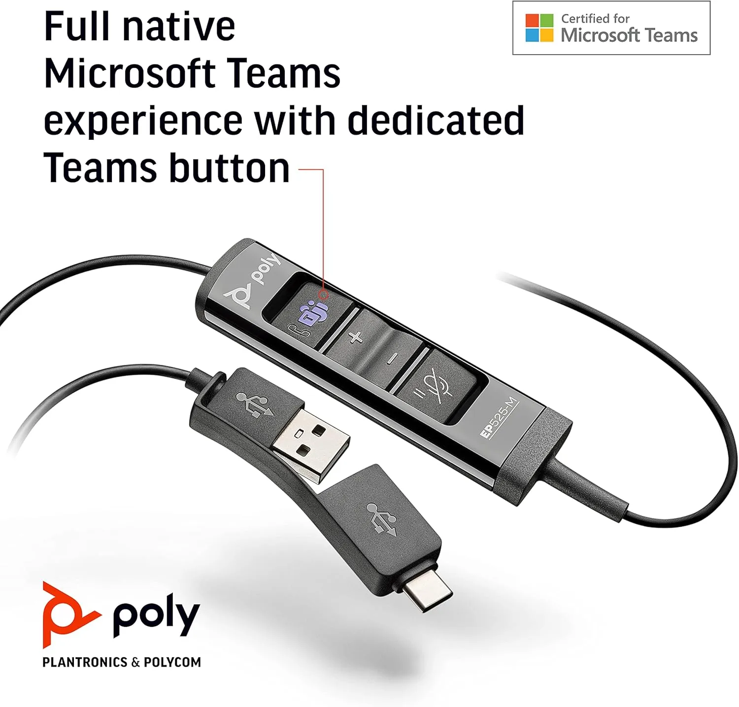 Poly EncorePro 525-M USB-A/USB-C Headset - Teams Certified, Dual-Ear, Black