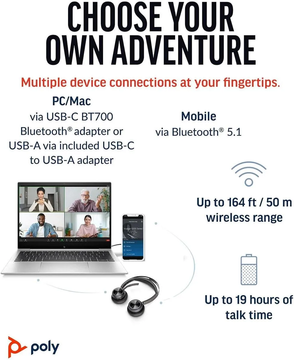 Poly Voyager Focus 2, Headset, on-ear, Bluetooth, wireless, active noise canceling, USB-C via Bluetooth adapter, black