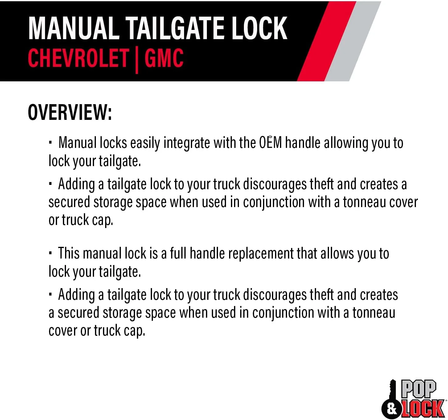 POP & Lock – Manual Tailgate Lock for Chevrolet Colorado and GMC Canyon, Fits 2004 to 2015 Models (Chrome, PL1700C)